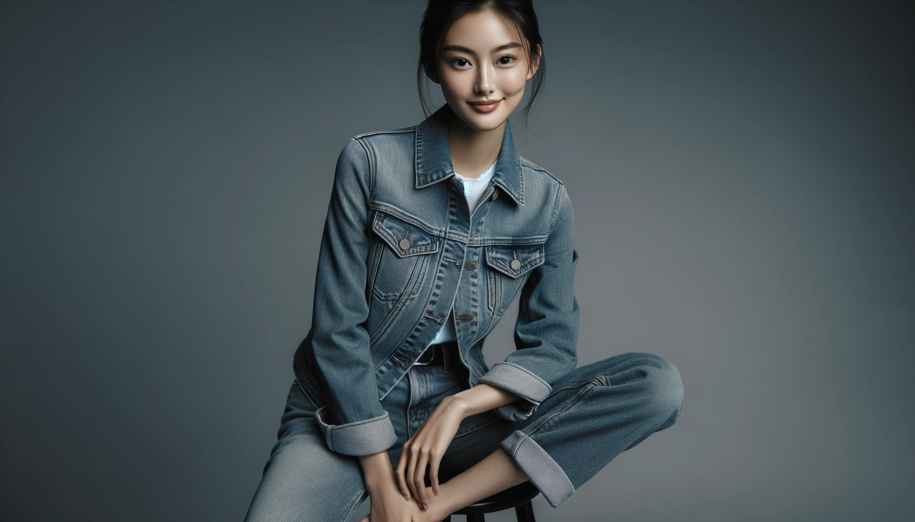 Full body portrait of an elegant Chinese model wearing a denim jacket over a white t-shirt, seated on a stool against a muted grey background.