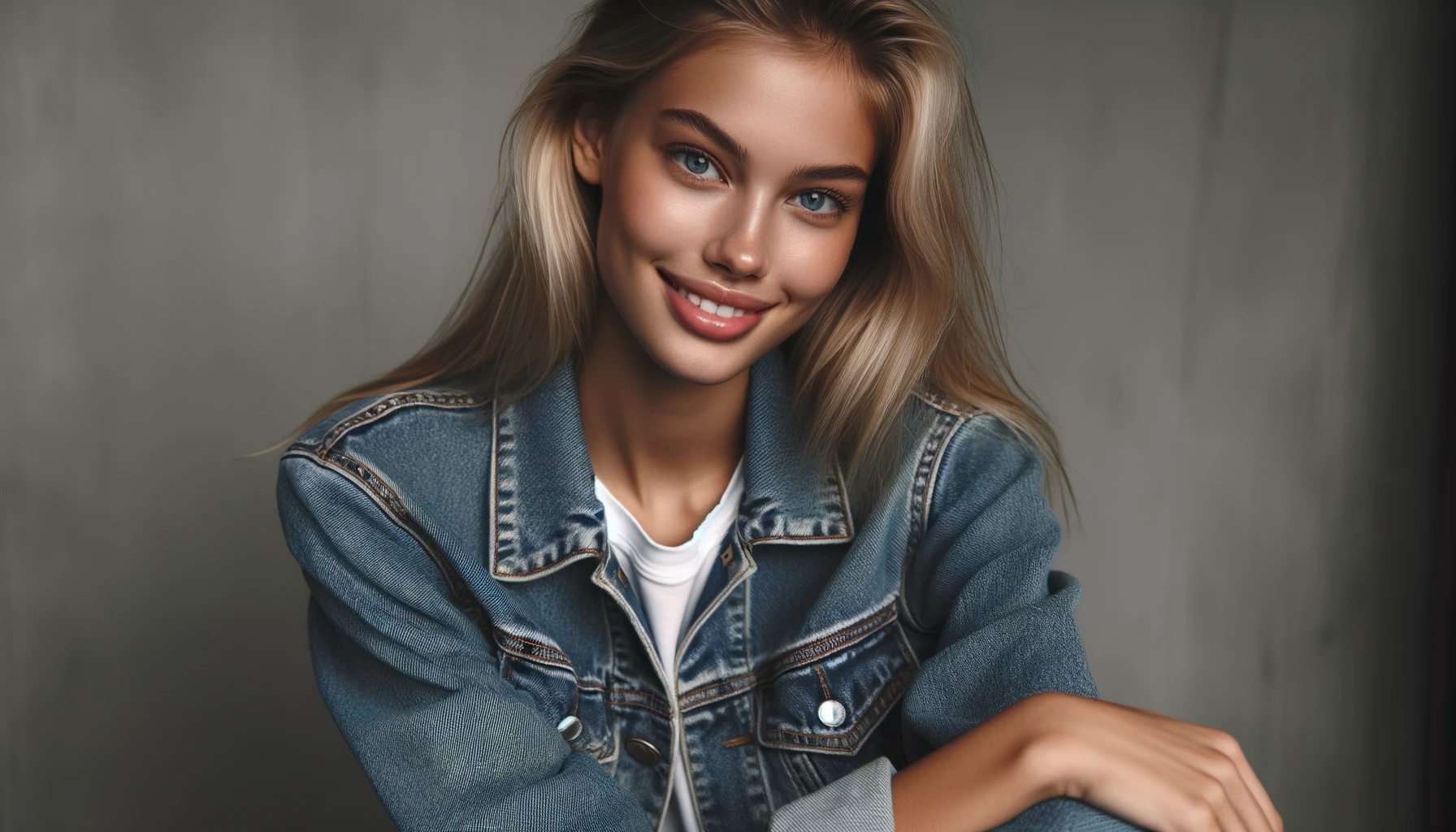 Portrait of a beautiful blonde model wearing a denim jacket over a white t-shir