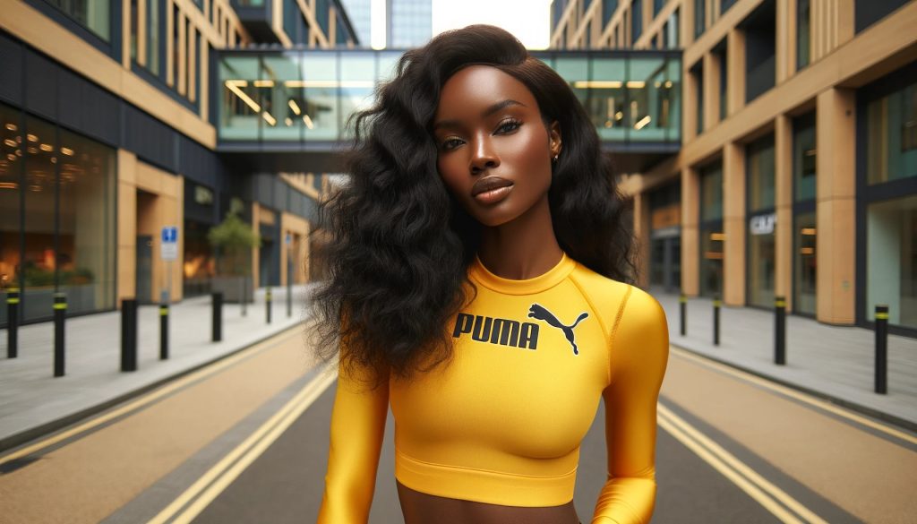 Woman modeling PUMA sportswear from polyester textile recycling