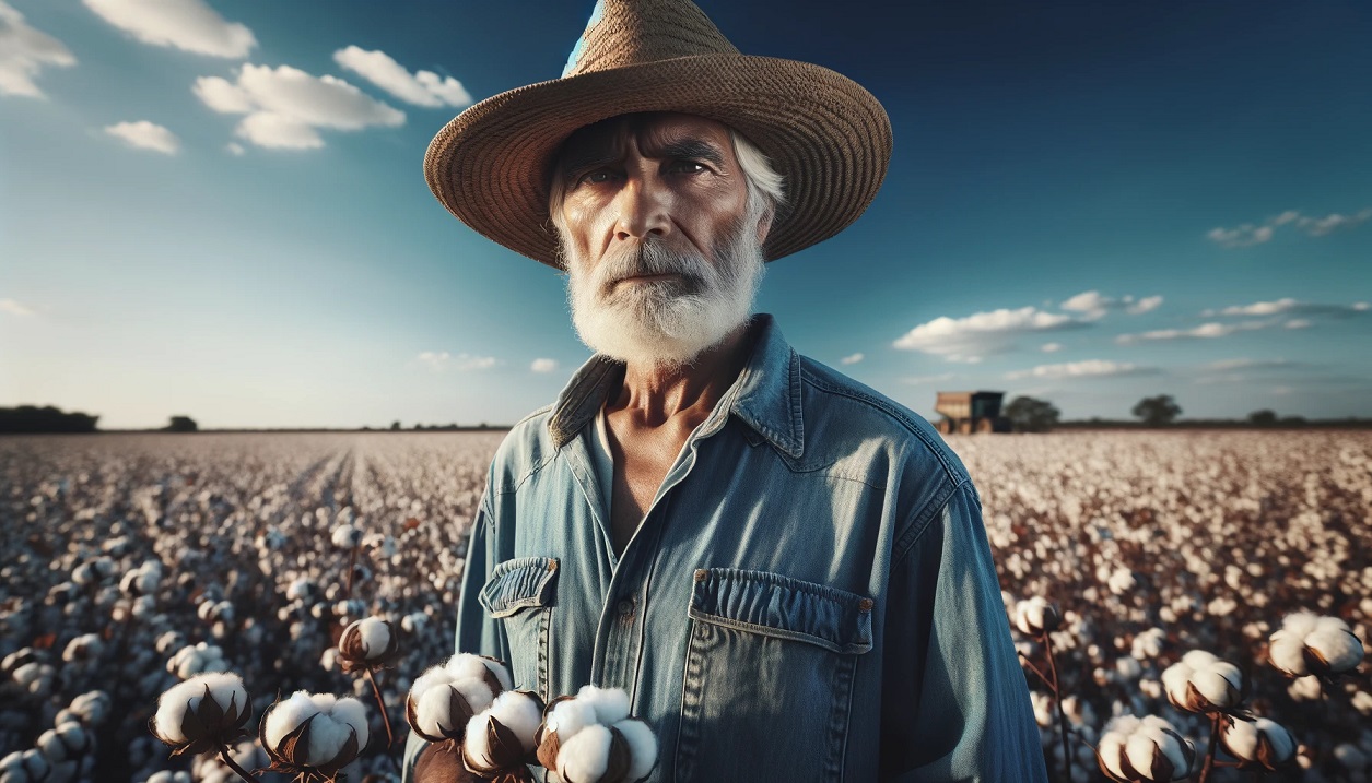 a farmer standing in cotton field